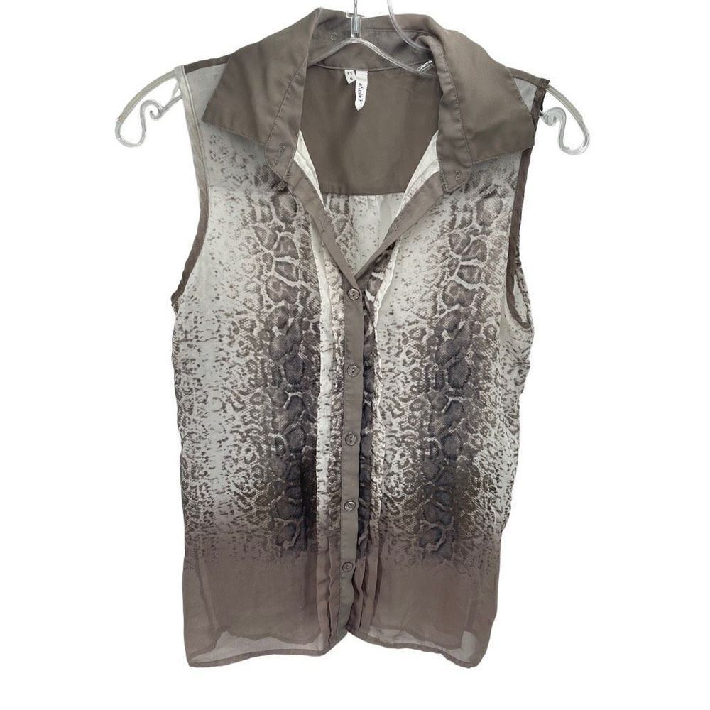 Studio Y Womens Sleeveless Blouse Tank Top Collared Animal Print Gray Small